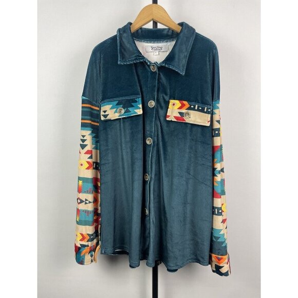 Rowdy‎ Crowd Blue Western Aztec Soft Ribbed Velvet Long Sleeve Button Up Shirt L - Picture 1 of 6